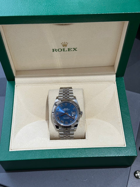 2022 Rolex DateJust 41 Blue Roman Dial Oyster 126334 White Gold Fluted Bezel