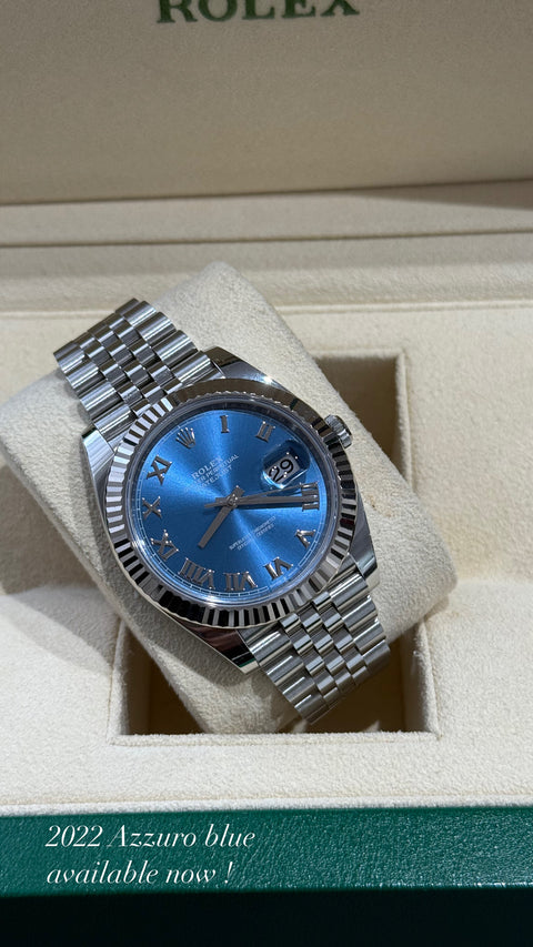 2022 Rolex DateJust 41 Blue Roman Dial Oyster 126334 White Gold Fluted Bezel