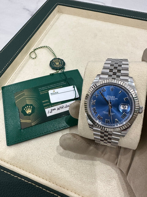 2022 Rolex DateJust 41 Blue Roman Dial Oyster 126334 White Gold Fluted Bezel