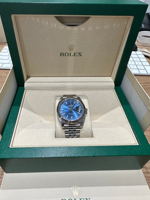 2022 Rolex DateJust 41 Blue Roman Dial Oyster 126334 White Gold Fluted Bezel