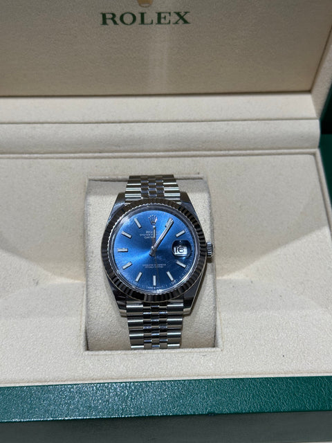 2022 Rolex DateJust 41 Blue Roman Dial Oyster 126334 White Gold Fluted Bezel