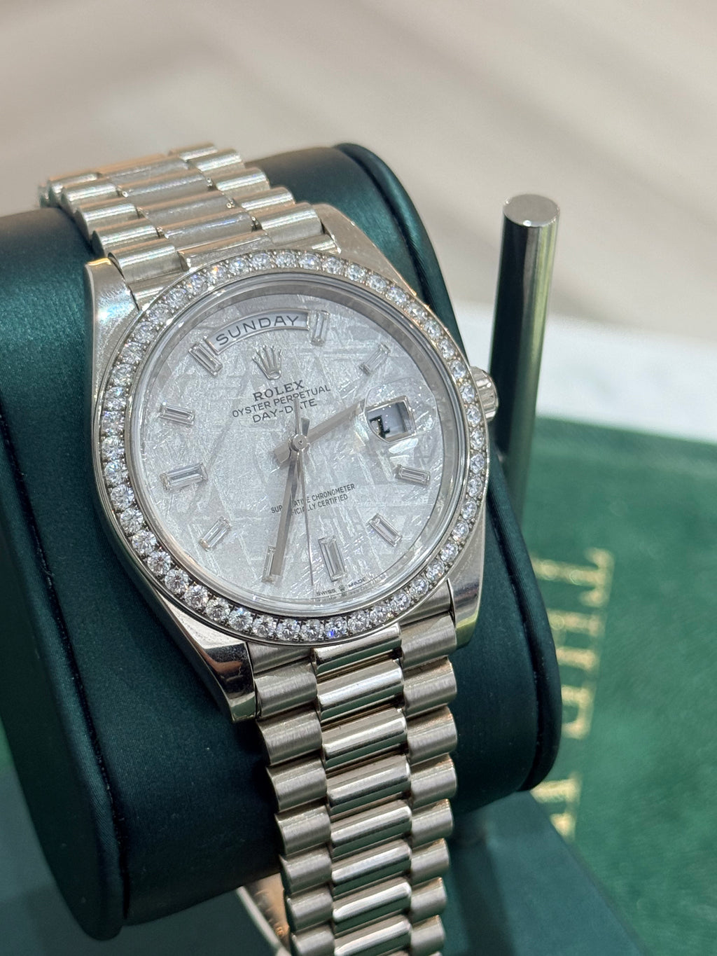 2022 Rolex Day-Date 40 228396TBR – Platinum – Meteorite Diamond Dial – Factory Diamond Bezel – Full Set