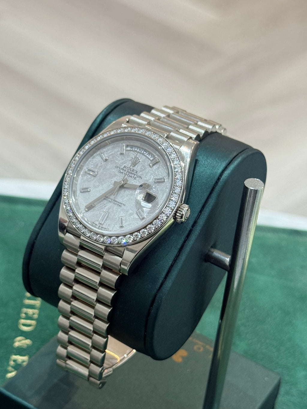 2022 Rolex Day-Date 40 228396TBR – Platinum – Meteorite Diamond Dial – Factory Diamond Bezel – Full Set