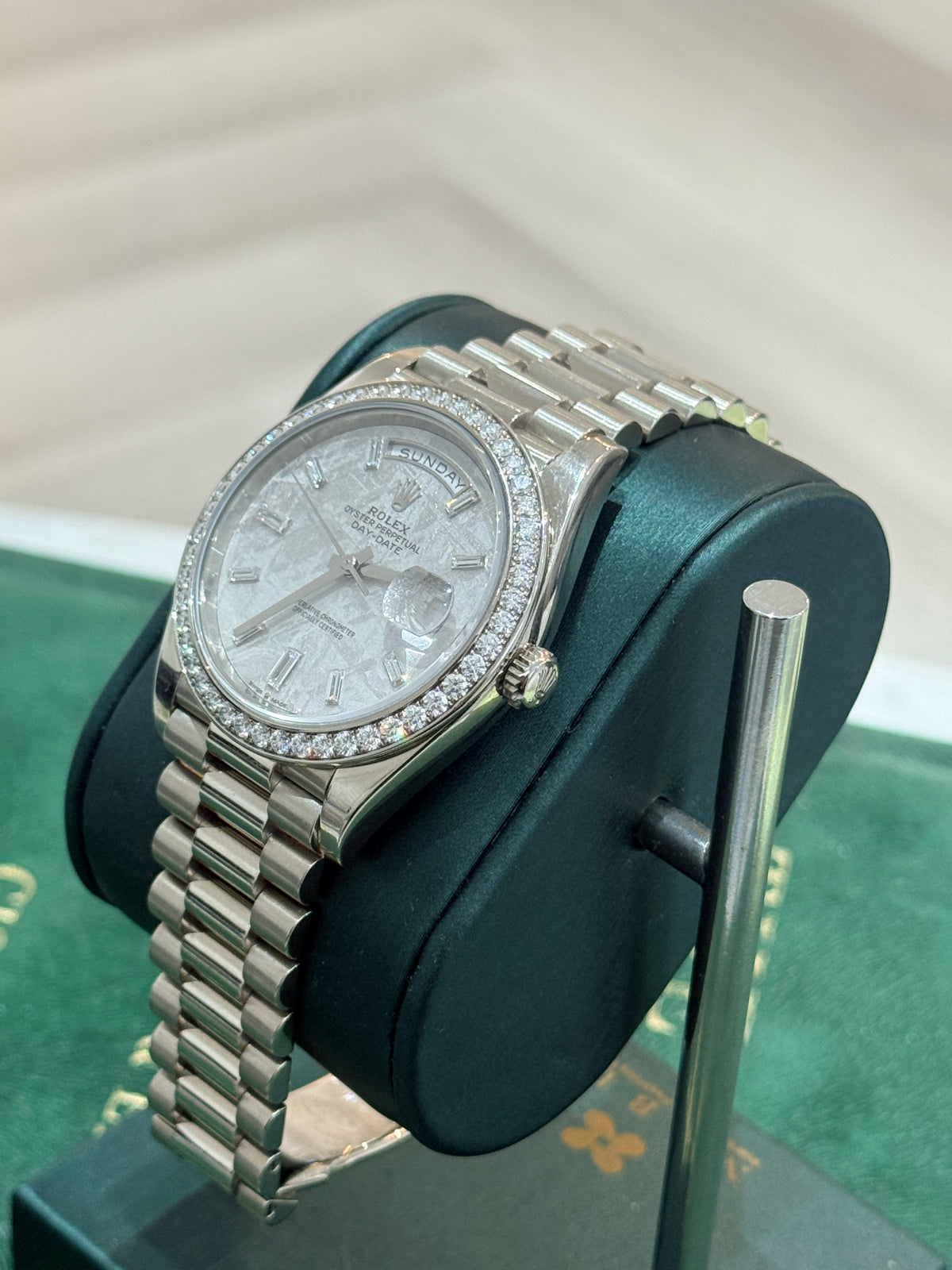 2022 Rolex Day-Date 40 228396TBR – Platinum – Meteorite Diamond Dial – Factory Diamond Bezel – Full Set
